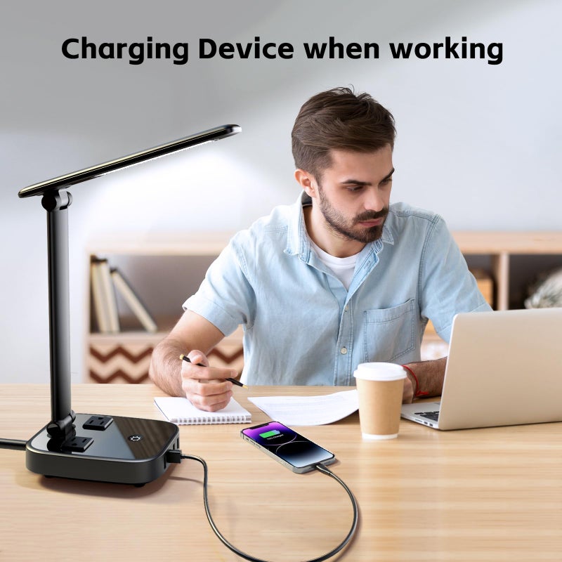 Yostyle LED Desk Lamp with 4 USB Charging Ports and 2 AC Outlets,5ft Extension Cord Power Strip Station, 3 Level Brightness, Touch Dimmer Control, Office Table Eye Care Lamp Bedroom Hotel - Image 2